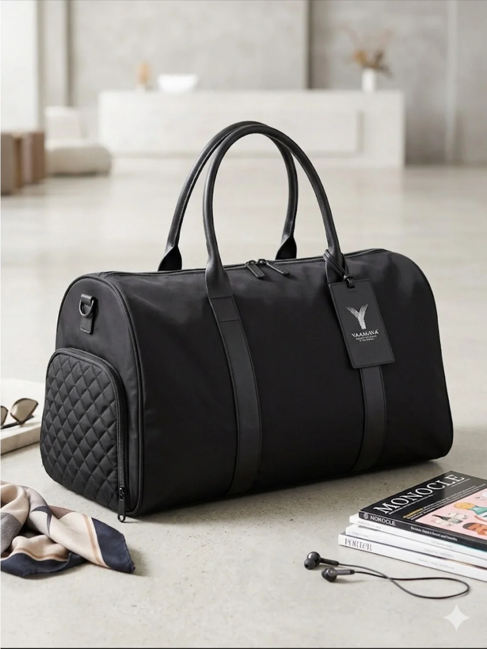 Black Quilted Nylon Travel Duffel Bag